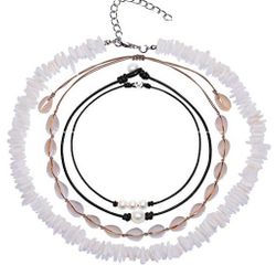 Set Of 4 Beach Style Choker Length Layered Necklaces, New In Gift Box