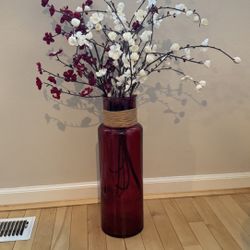 Deep Red Floor Vase With Faux Red & White Flowers