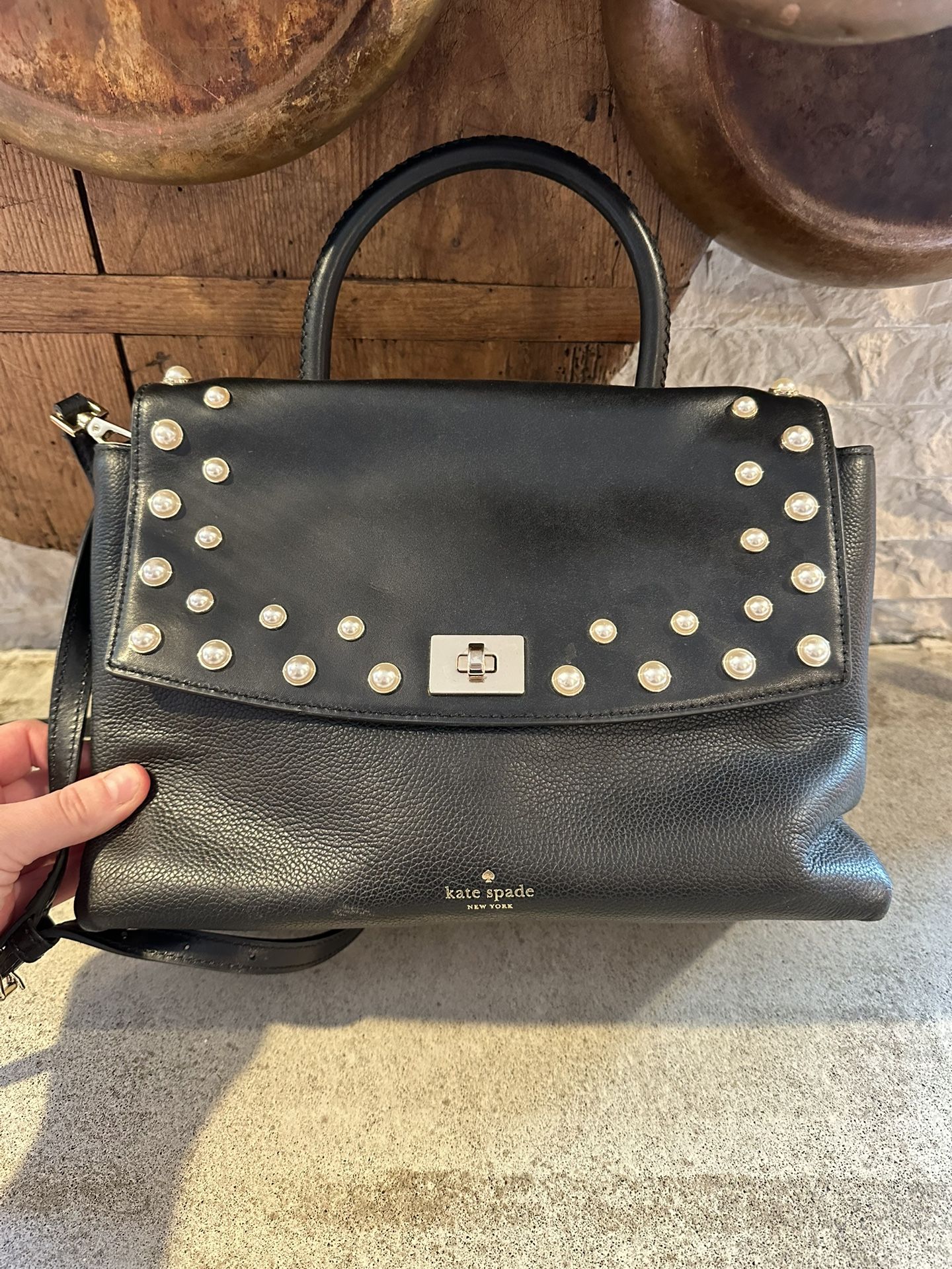 Kate Spade Dorina Serrano Handbag Purse Black Cream Pearls Studs Leather Womens