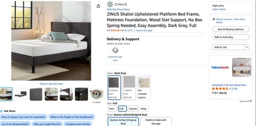 Zinus Shalini Upholstered Full Bed Frame – Dark Grey (No Box Spring Needed)