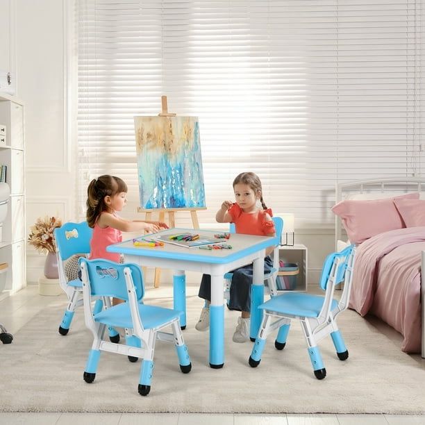 Kids Table and Chairs Set, Height Adjustable Toddler Table and Chair Set with Graffiti Desktop, Square Kids Activity Table for Home, Nursery - Blue