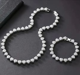 2-Pcs Iced Out Paved 14K White Gold Plated A+Cubic Zirconia Heart Shaped Tennis Necklace & Bracelet Set