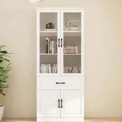 FUFU&GAGA 31.5 in. Wide x 78.9 in. H 4-Shelf White Wood Standard Bookcase Bookshelf With Tempered Gl
