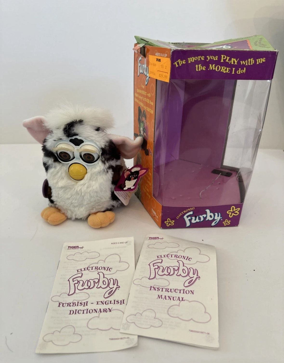 1999 Tiger Electronics Furby Snow Leopard w/ tag White Black Brown Not Working