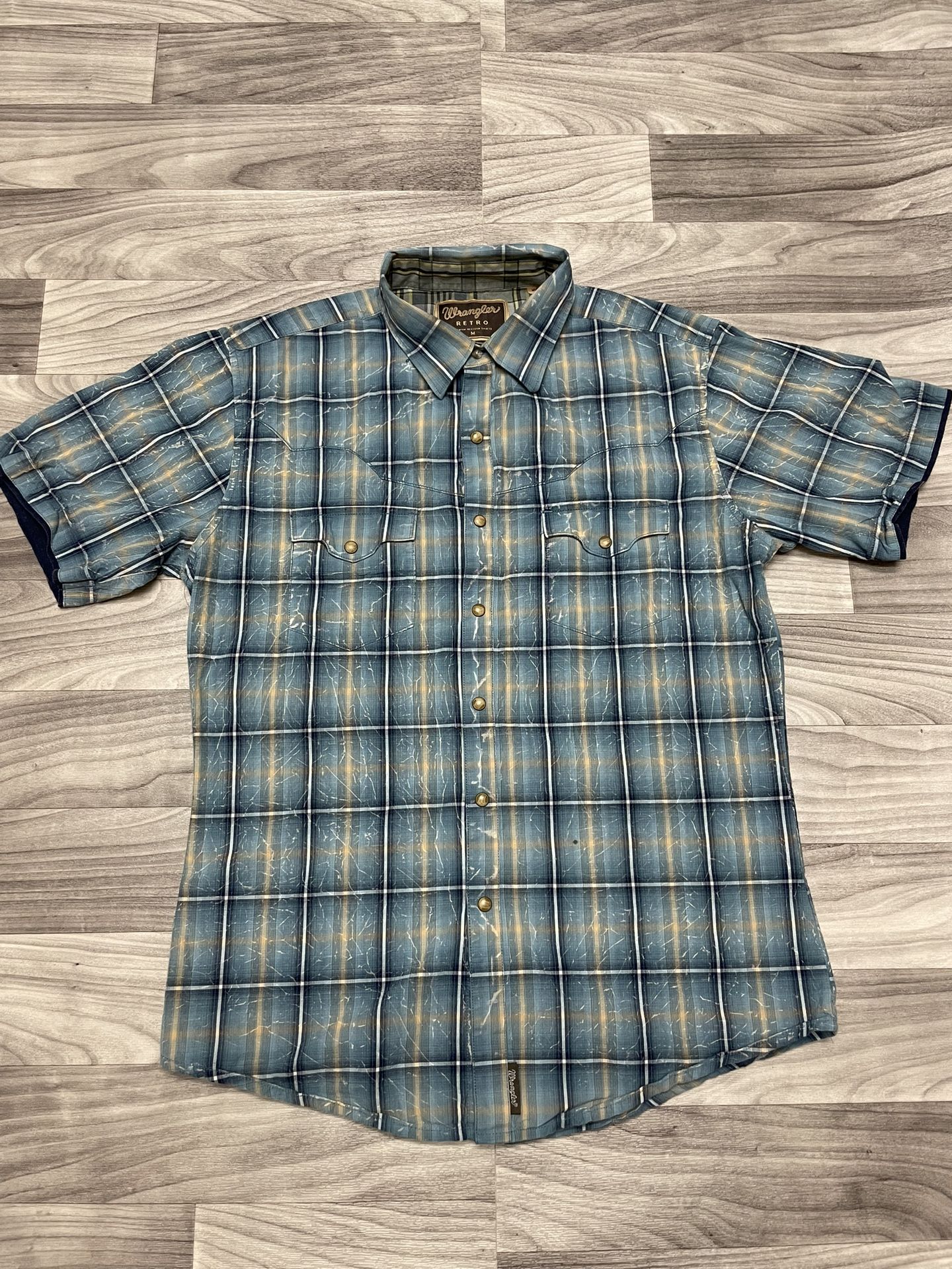 Vintage Wrangler Blue Plaid Western Shirt Men’s M Short Sleeve Pearl Snap