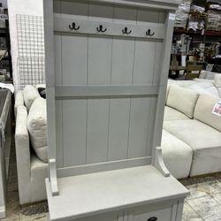 Gray Hall Tree with Storage Bench and Hooks