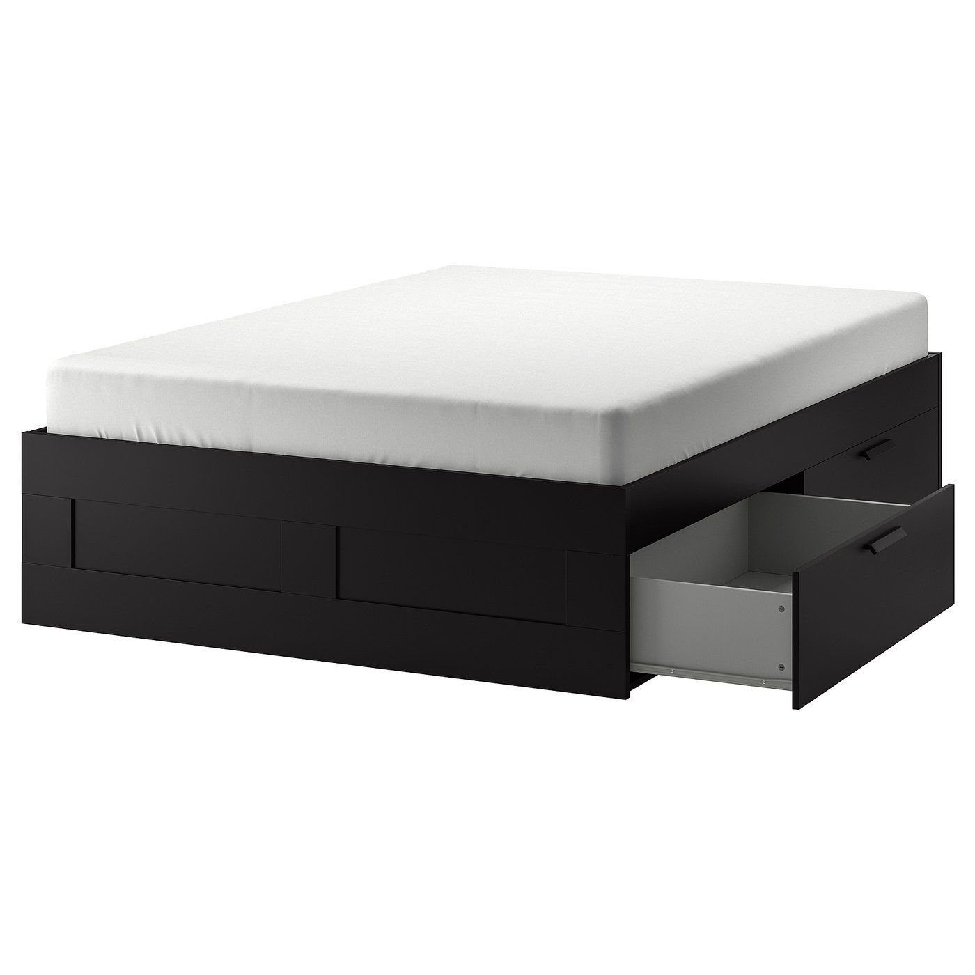 Bed frame with storage & headboard, black/Lönset, Queen