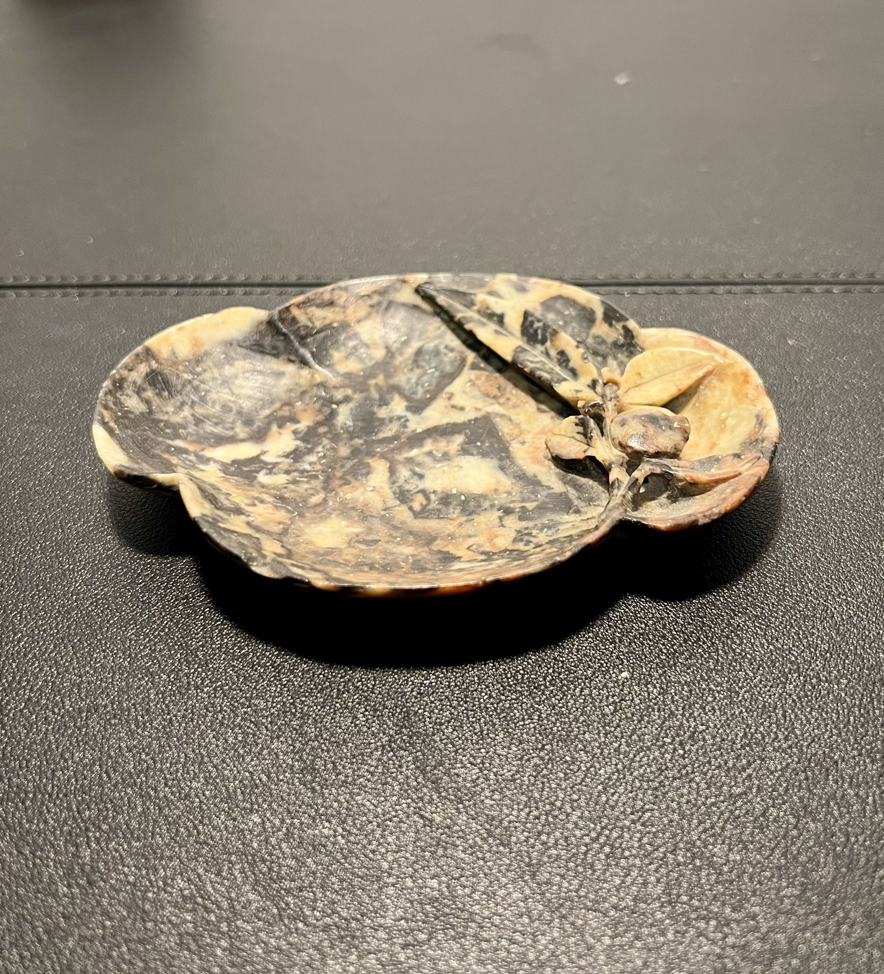 Chinese Antique 1900s Carved Tortoiseshell Soapstone Nut Trinket Dish Tray