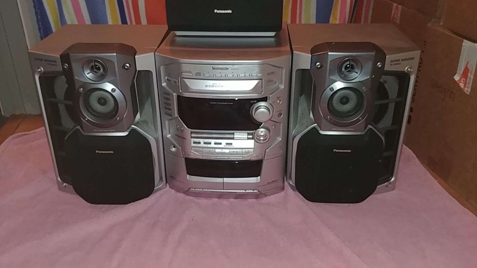 Panasonic 5 CD and tape stereo system with super woofer tri-wiring speakers