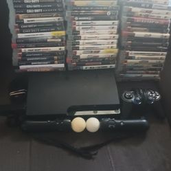 Sony PS3 Bundle Lot With Controller, Camera , 2 Move Controllers & 72 Games PlayStation 3