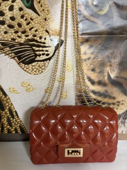 Rust Orange Quilted Jelly Crossbody Bag with Gold Chain