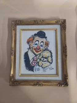 Framed Clown with Dog Art Print by K. Chin