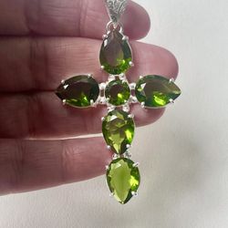 Peridot Cross 925 Silver 2.5” Pendant