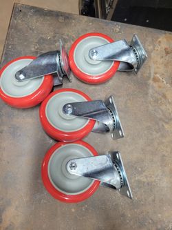 Caster Wheels Swivel Plate On Red Polyurethane Wheels (5 inch No Brake Total weight cap: 1400lbs