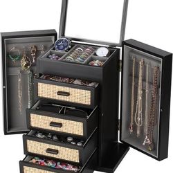 Black Wooden Jewelry Box with Rattan Drawers (11N)