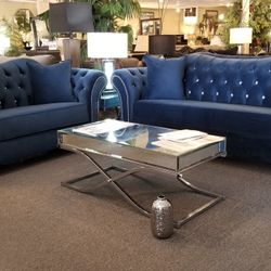 Brand New Navy Blue Or Black Velvet Modern Sofa + Loveseat 2PCs Set