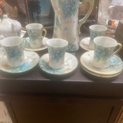 Antique Tea Set Teapot With Teacups And Saucers 