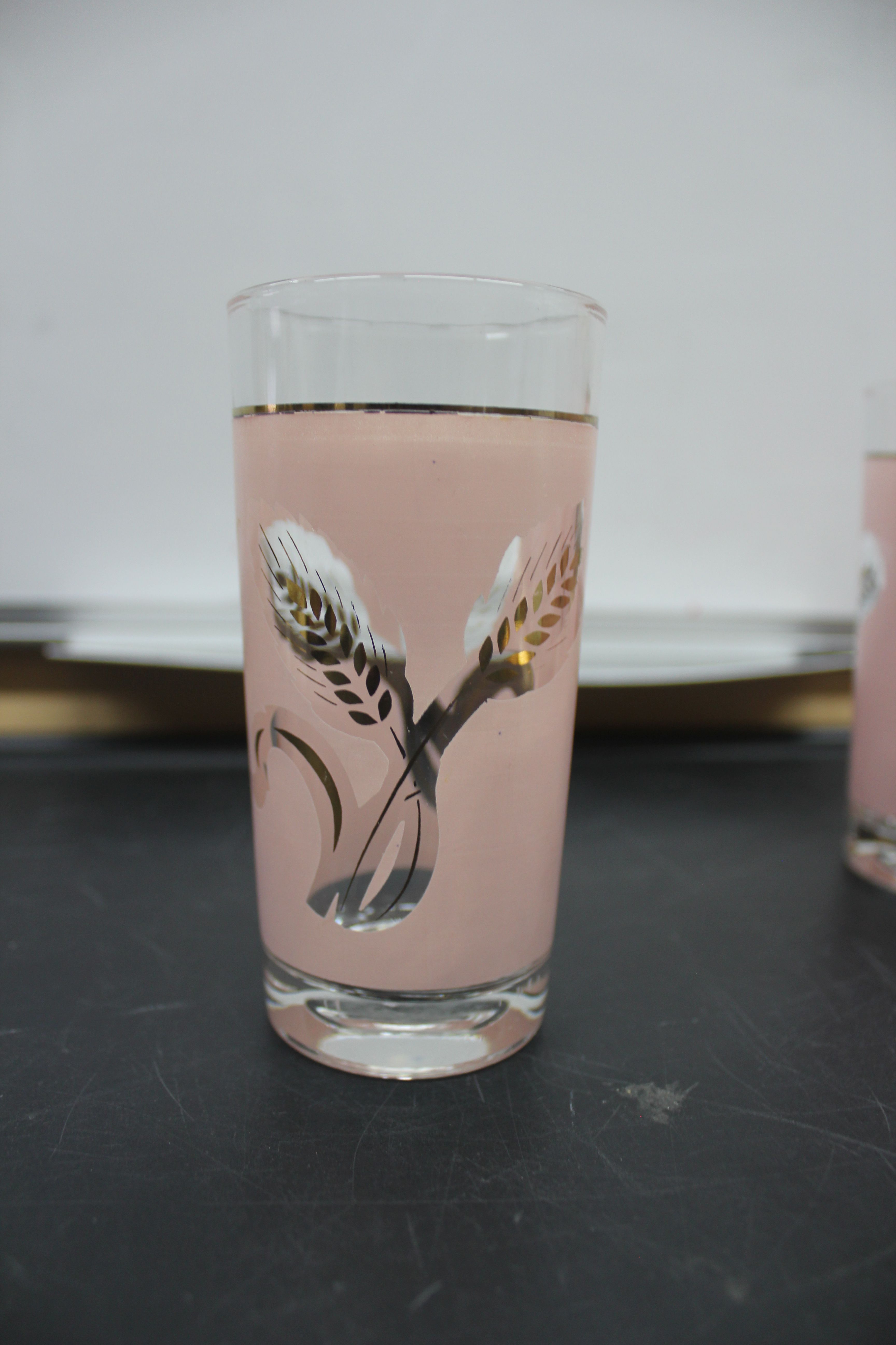 Set of 6 Pink Flower Design Glass Cups with Mixing Spoons and Rose Gold Cup Rests