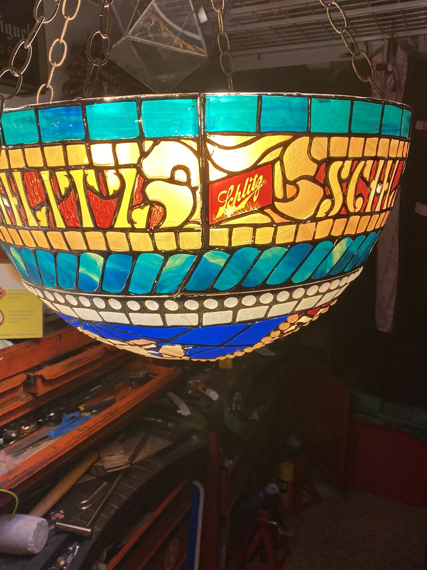 Vintage Schlitz Beer Light, WORKS, Tiffany Style Schlitz Hanging Globe Light