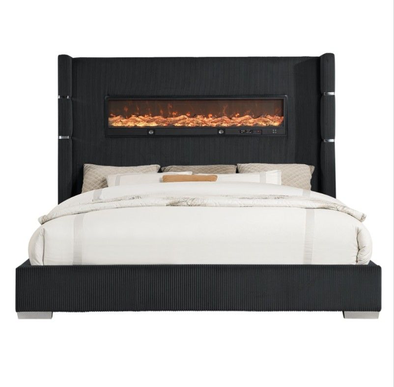 Vadra Platform Bed w Digital Fireplace & Bluetooth speakers