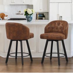 Counter Height Swivel Barstools Set of 2, 26" Mid-Century Faux Leather Upholstered Bar Stools with Tufted Button Back & Metal Legs (CH12)