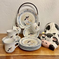 Newcomer Kitchen Kow Stoneware Set With Cow Cookie Jar- 1990s Country Charm 21 Pieces
