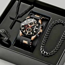 4-Pcs Stylish High-End Men's Quartz Wrist Watch W/Date Display & Metal accents, Cross Pendant+Bracelet+Ring