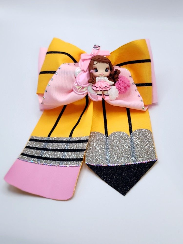 Pencil Hair Bow: Handmade Ribbon, Rhinestone & Clay - Back to School
