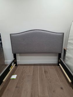 Queen Upholstered Bed Frame with Nailhead Trim & Beautyrest Mattress