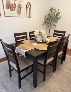 Dining Table Set for 6, 7-Piece 36" × 60" Table with 6 Cushioned Chairs, Made of Veneers, Wood and Engineered Wood, Dark Brown ($300 OBO)