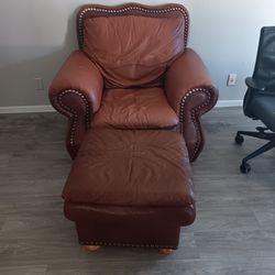 Plush leather chair with ottoman
