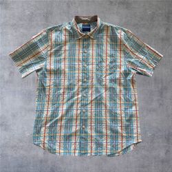 Tommy Bahama Men Large Shirt Silk Cotton Blend Plaid Short Sleeve Orange Blue L⁠