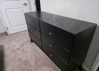 Black 6-Drawer Double Dresser with Gold Handles