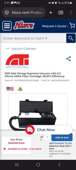 ESD-Safe Omega Supreme Vacuum with 0.3 Micron HEPA Filter Cartridge, 99.97% Efficiency