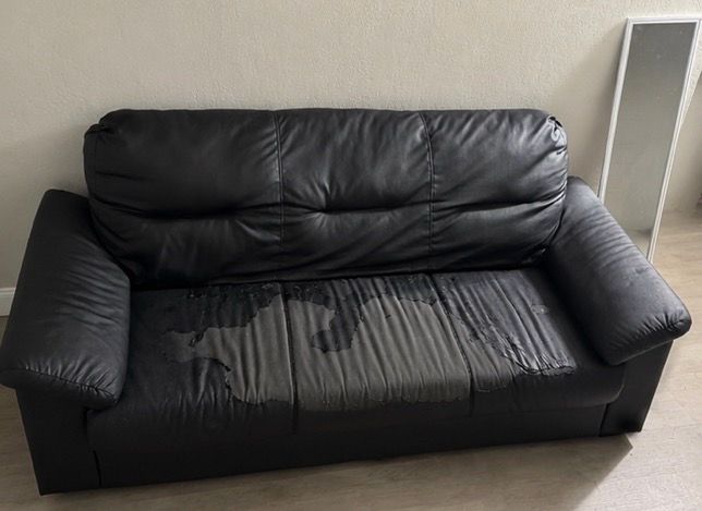 Free Black Faux Leather Couch โ Needs TLC (Pick Up Today)