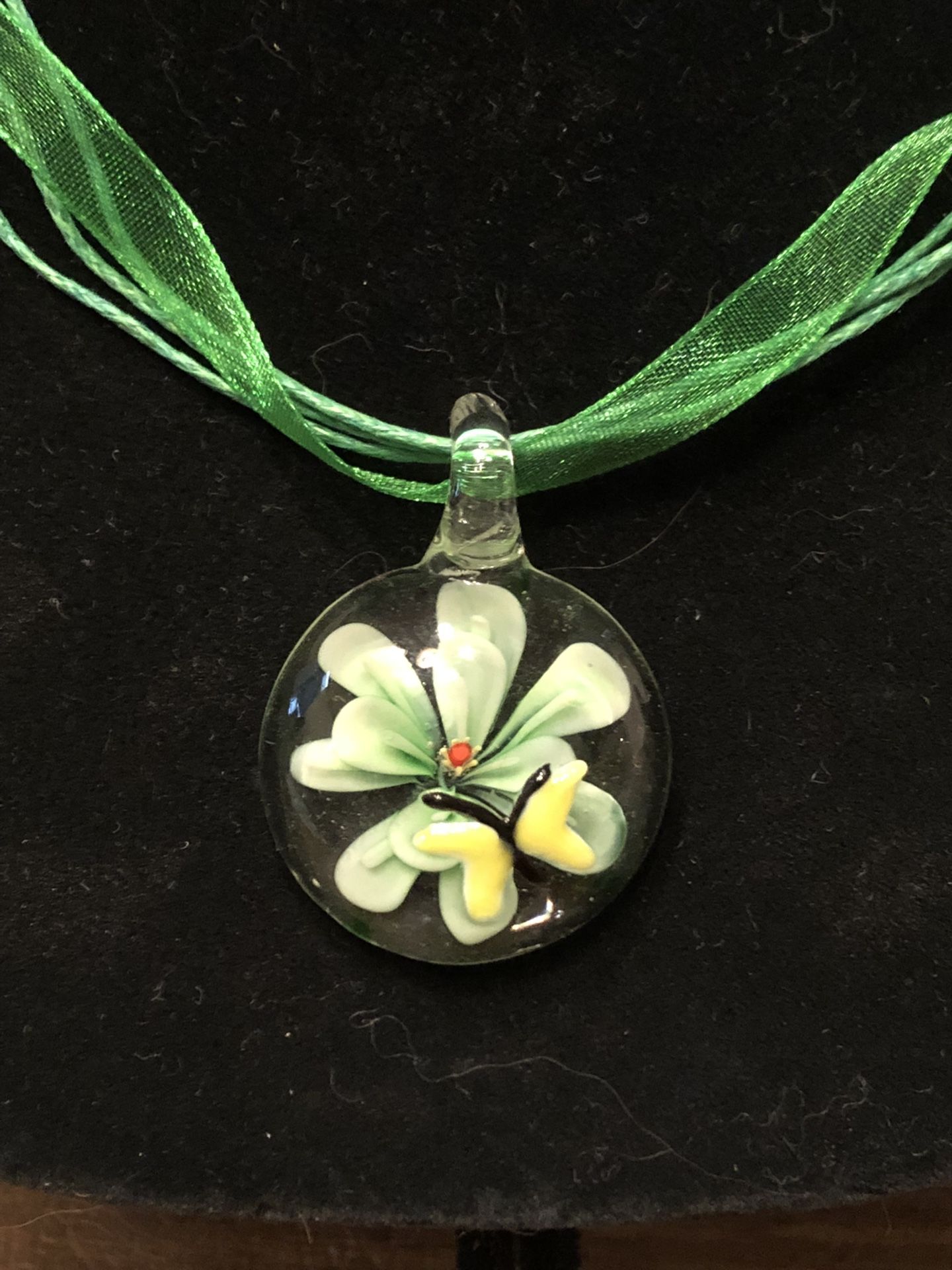 Green Glass Flower And Butterfly Pendant Necklace
