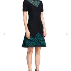 Tadashi Shoji $358 Wukari Tribal Motif Embroidered Dress in Jungle Green