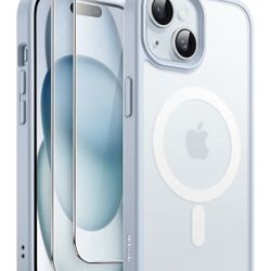 iPhone 15 Plus Magnetic Phone Case (blue) & 2 Pack Tempered Glass Screen Protectors