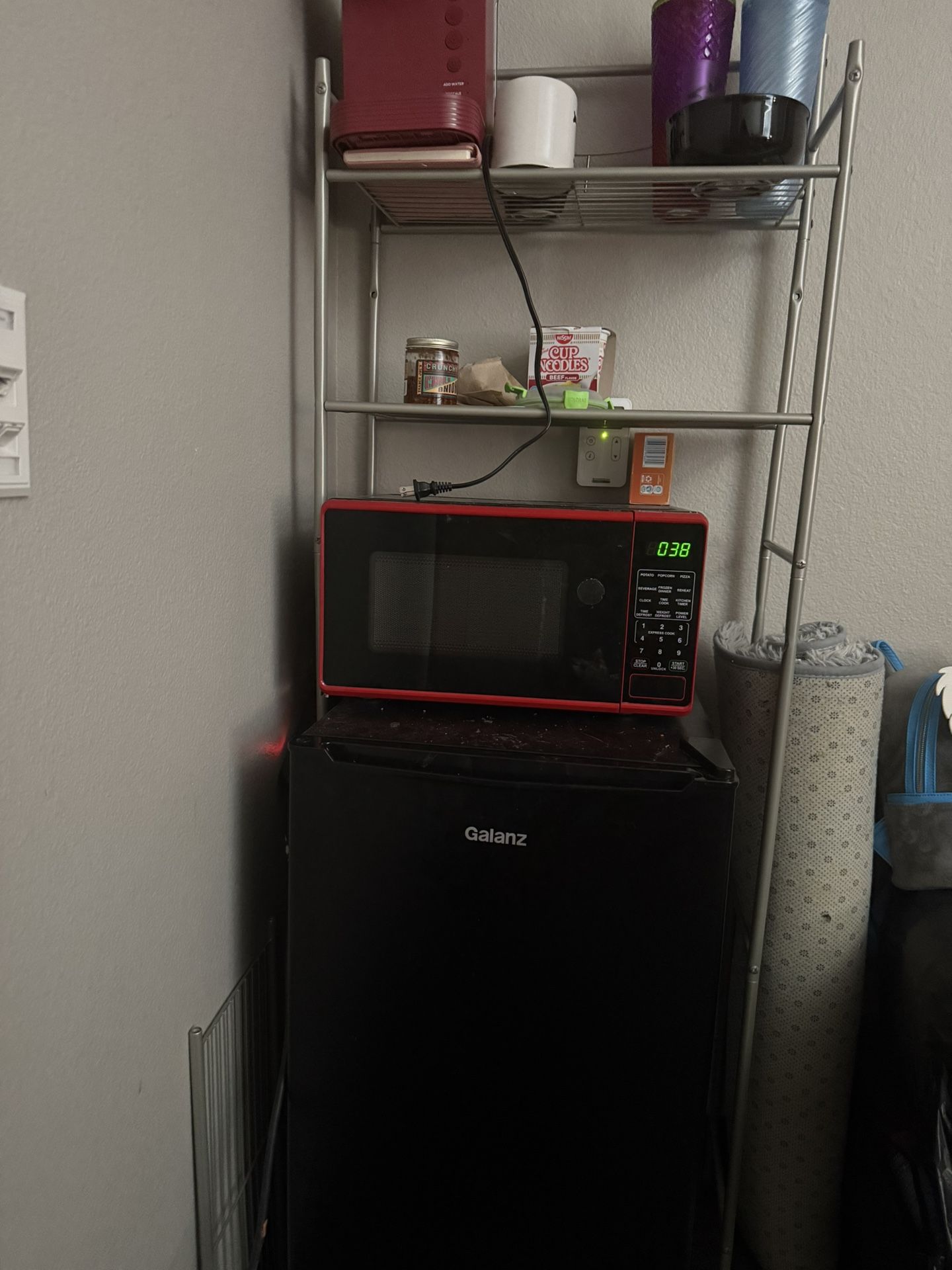 Mini Fridge, Microwave, And Shelf Rack