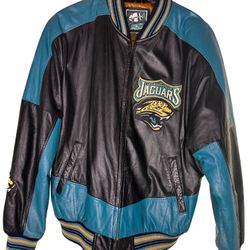 VTG JAGUARS CARL BANKS HEAVY LEATHER BOMBER JACKET COAT COLORBLOCK MOTO (Size  XL)