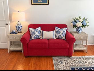 Pair of White Wicker End Tables Beautiful matching pair of white wicker end tables in excellent condition. Each table features a convenient drawer, l