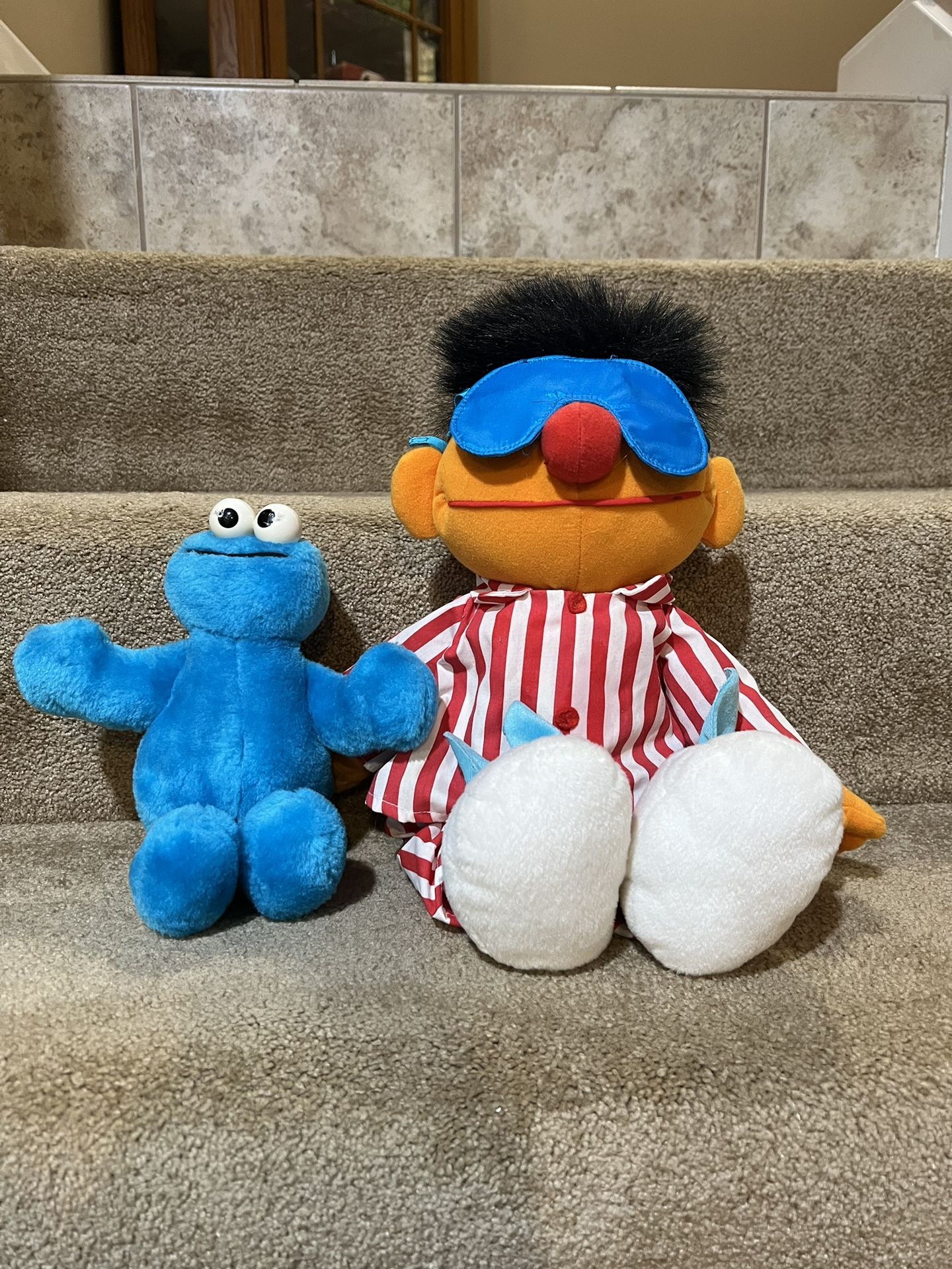 Vintage 1996 Tyco Sesame Street Sleep and Snore Ernie PJs & Cookie Monster Plush