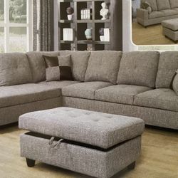 Light Grey Linen Sectional Couch And Ottoman 