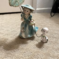 Vintage 8’’ ARNART lady with blue dress figurine with dog