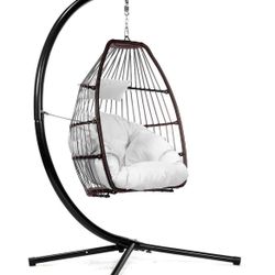 Wicker Egg-Shaped Patio Swing Chair with White/Cream Cushion and Heavy-Duty Frame 93904