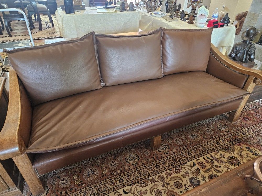 Leather and wood nailhead sofa-- 2 available 