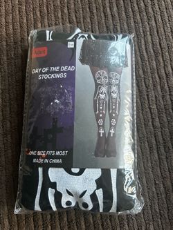KBW Day of the Dead Skeleton Printed Opaque Thigh High Stockings, One Size