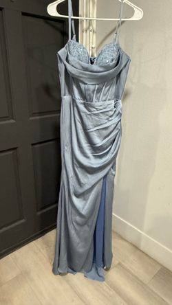 Blue Satin Formal Gown with Slit