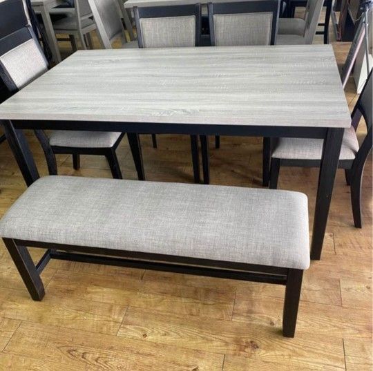 ✅️✅️6 pc bridget two tone wood dining table set padded seat chairs and bench ✅️✅️