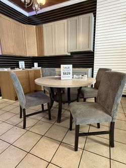 5-pc Dining Set Wood Table, Grey Corduroy Chairs